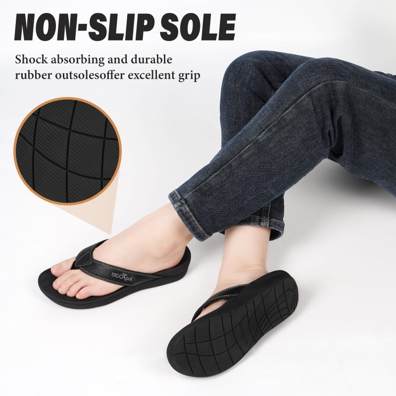 ERGOfoot Orthotic Flip Flops with Arch Support, PU Thong Sandals Walking Comfort with Orthopedic Support for Plantar Fasciitis Flat Feet, Beach Slippers for Women Men/Black - Image 4